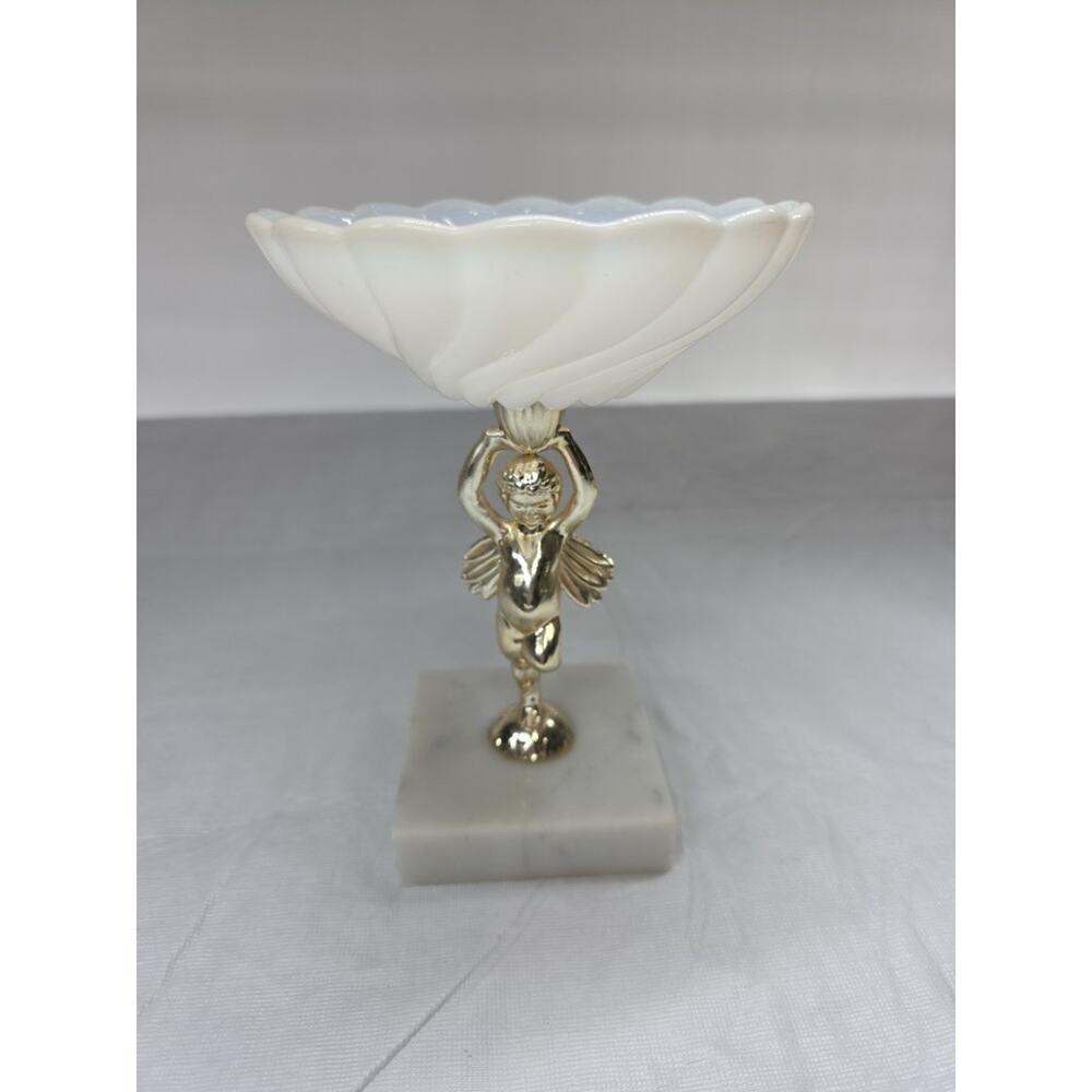 Vintage Marble Based Cherub Angel Milk Glass Soap Dish candy Italy 1970's 7" T
